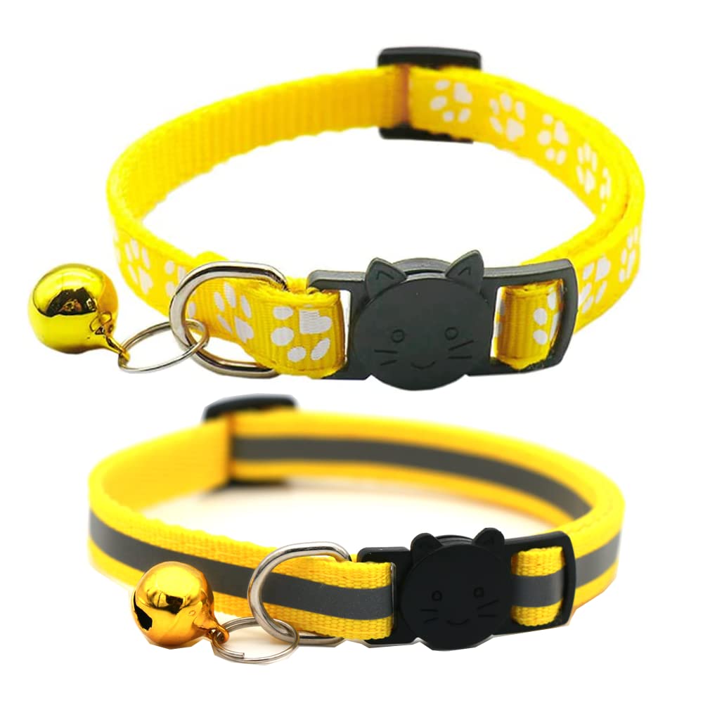 Hepplly 2-Pack Cat Collars Quick Release Reflective Kitten Collar with Bell (Yellow)