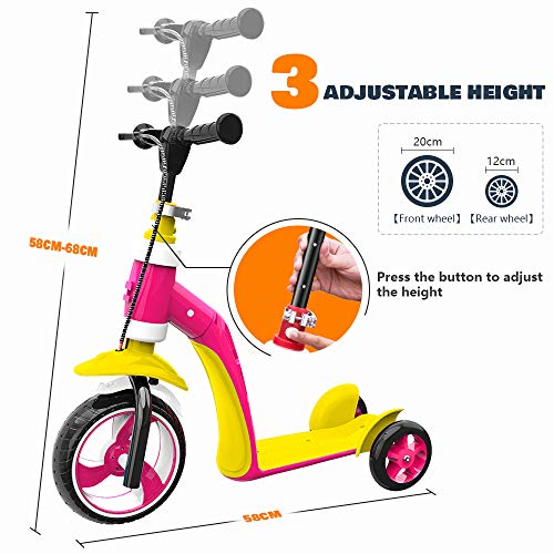 Verkstar Kick Scooter for Kids Toddlers Girls Boys, 2 in 1 Kids Scooter with Handbrake, Adjustable Handle, Extra-Wide Deck, The Latest Outdoor Toys for Kids Activities (Yellow & Pink)