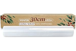 WRAPOK 100% Compostable Kitchen Cling Wrap Biodegradable Corn PLA Food Film Roll with Slide Cutter - 258 Square Feet