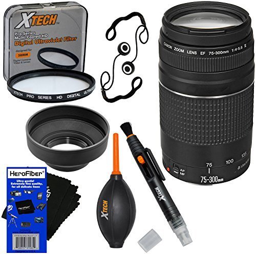 Canon EF 75-300mm f/4-5.6 III Telephoto Zoom Lens for Canon SLR Cameras (International Version) + 7pc Bundle Accessory Kit w/ HeroFiber Ultra Gentle Cleaning Cloth