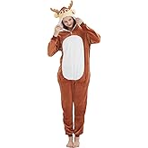 ABENCA Deer Onesie Reindeer Pajamas for Women Adult Cartoon One Piece Animal Halloween Christmas Cosplay Costume