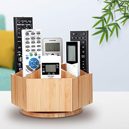 Bamboo Rotating TV Remote Control Holder Organizer,Remote Control Caddy with 7 Sections for Keys