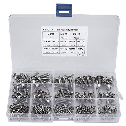 180Pcs Stainless Steel Flat Head Self-Tapping Screws Assortment Kit - M3 M4 M5 M6 Wood Screws With Storage Box
