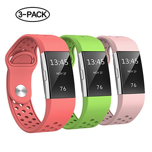 Swees For Fitbit Charge 2 Bands Sport Silicone Small & Large (5.7" - 8.3"), 3 Packs Breathable Replacement Bands with Air Holes for Fitbit Charge 2 Women Men, Black, Grey, Navy Blue, Pink, White, Teal