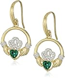 18k Yellow Gold and Rhodium Plated Sterling Silver Created Emerald Round Shaped Claddagh Dangle Drop Earrings