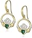 18k Yellow Gold and Rhodium Plated Sterling Silver Created Emerald Round Shaped Claddagh Dangle Drop Earrings