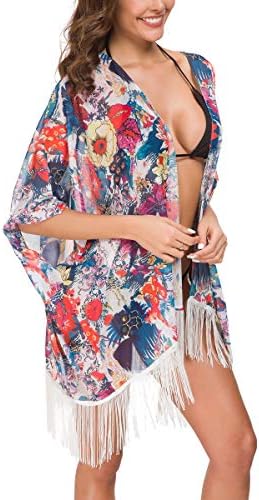 OLRAIN Women's Floral Print Sheer Chiffon Loose Kimono Cardigan Capes