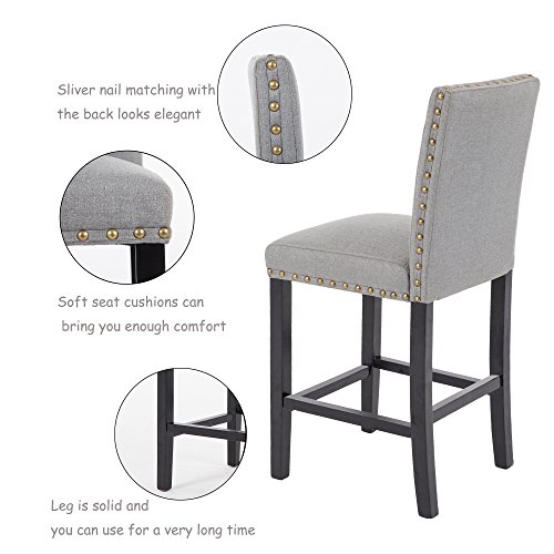 GOTMINSI Bar Stools with Nailheads, 24" Upholstered Bar Stools,Counter Height Bar Chairs with Solid Wood Legs, Set of 2 (Grey)