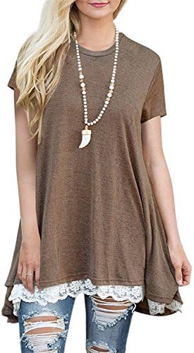 YIOIOIO Womens Short Sleeve Summer Flowy A-Line Tunic T-Shirt High Low Lace Tops