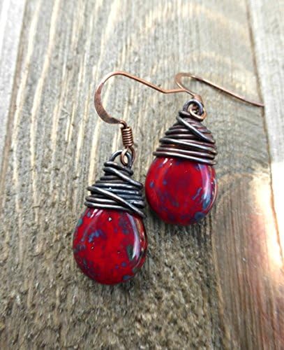 Red, blue and turquoise teardrop Czech glass, copper wire wrapped earrings. Lightweight small earrings. Handmade jewelry