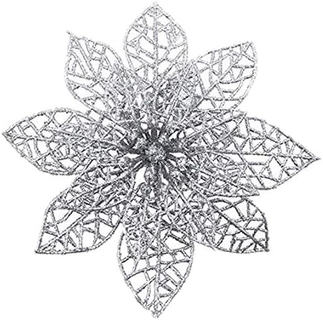 Osiga (Pack of 12 Glitter Poinsettia Christmas Tree Ornaments-Christmas Decorations Flower (Silver)