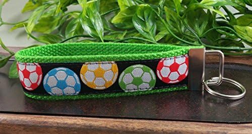 Soccer Ball Keychain Hand Sewn Cotton Webbing Ribbon Green Yellow Blue Red Football