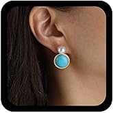 Allereyae Vintage Pearl Turquoise Earrings Gold Pearl Stud Earring Round Turquoise Dangle Earrings Blue Stone Drop Earring Jewelry for Women