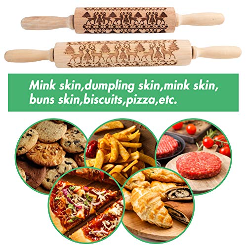 Koogel Embossed Rolling Pins Set, 2 Pcs Different Sizes Christmas Wooden Rolling Pins Parent-Child Reindeer Rolling Pins Pastry Rolling Pin for Cookies Crusts Pies Pastry Clay