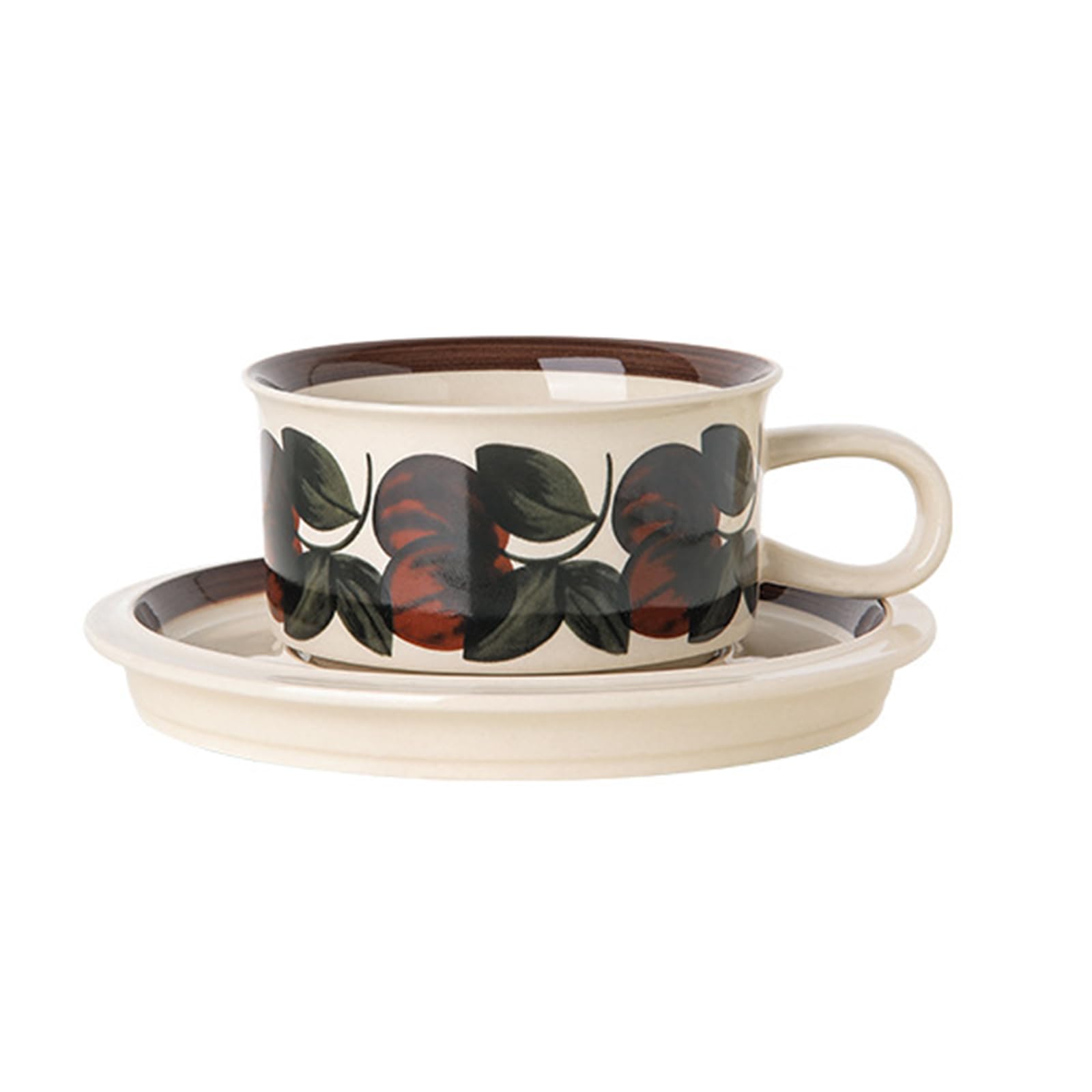 Soulnioi Ceramic Coffee Mug, Retro Floral Cappuccino Cup and Saucer Set, 250ML Hand-Painting Floral Tea Mug Creative Milk Cup for Gift - Brown