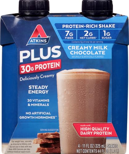 ATKINS, PLUS PROTEIN & FIBER HIGH PROTEIN SHAKE, CREAMY MILK CHOCOLATE, 4 – 11 OUNCE BOTTLES( 44 FL OUNCES )