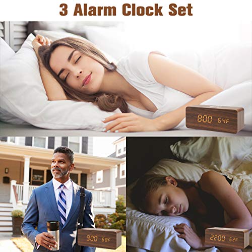 Digital Alarm Clock with Wireless Charging, LED Wood Large Display, Loud Alarm Clock for Heavy Sleepers, with USB Port, 3 Alarm Settings, Date and Temperature Displays, for Bedroom, Bedside