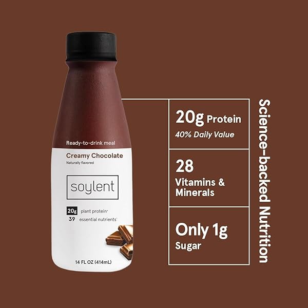 SOYLENT COMPLETE MEAL REPLACEMENT SHAKE, CREAMY CHOCOLATE, 20G COMPLETE PROTEIN, 28 VITAMINS & MINERALS, LOW SUGAR, 14OZ (SINGLE BOTTLE)