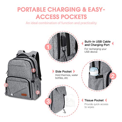 Diaper Bag Backpack,Chuntianli Multi-Function Travel Back Pack Large Maternity Baby Nappy Changing Bag Organizer,Waterproof/Durable,with USB Charging Port/Insulated Holder Pockets/Stroller Strap, Gray - Thumbnail 3