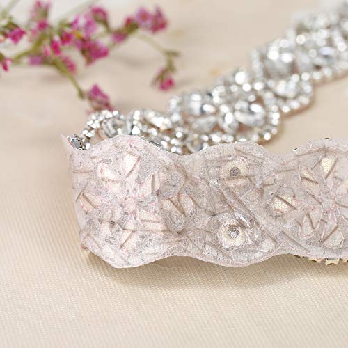 Crystal Applique with Champagne Back Adhesive, FANGZHIDI Beaded Applique with Silver Rhinestone Claw- Best for DIY on Wedding Dress, Bridal Belt Sash