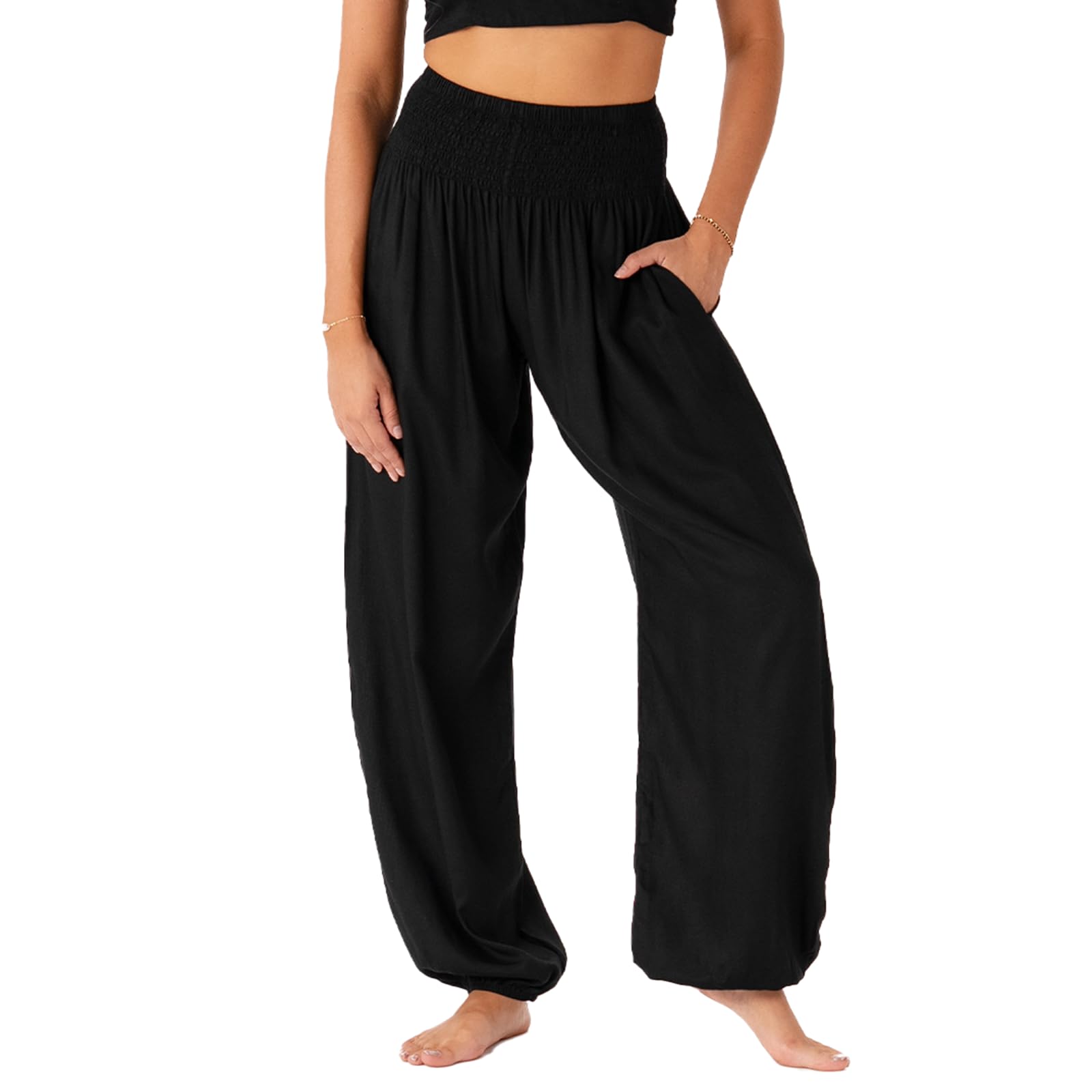 Photo 1 of Lotus and Luna Women's Harem Pants for Beach & Lounge High Waisted Flowy Boho Yoga Pants(Black, Small Petite)
