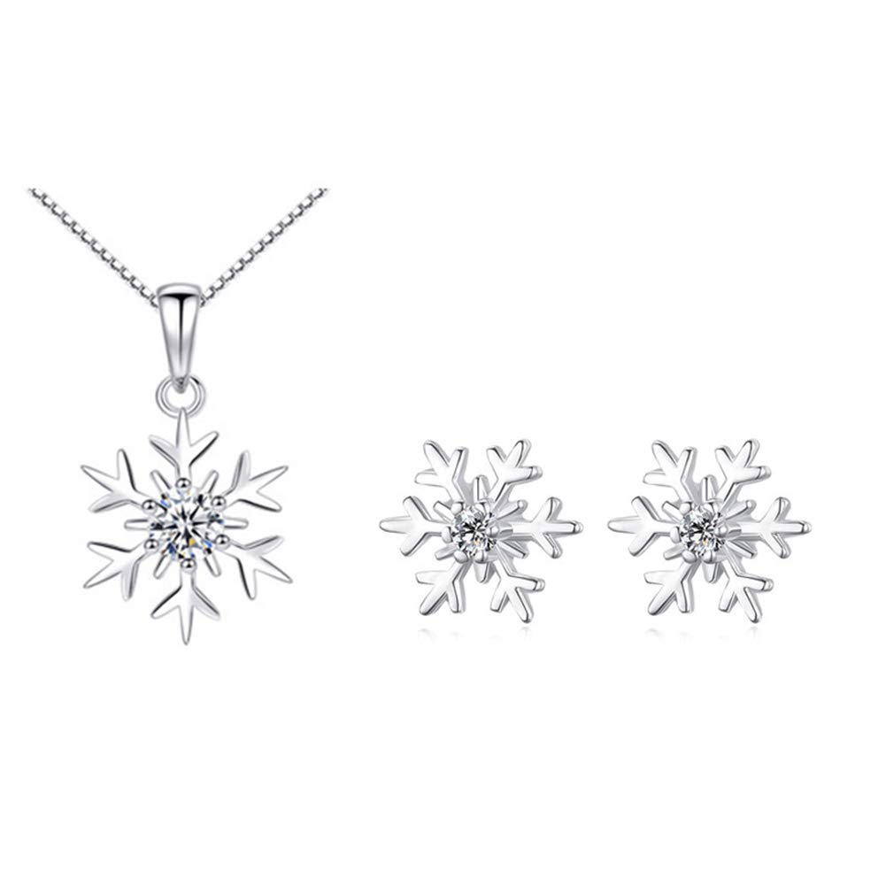 Zolkamery Silver Christmas Jewellery Set for Women, 925 Sterling Silver Snowflake Pendant Necklace & Stud Earring Jewellery Sets with White Zirconia, Gift for Christmas Day Party with Gift Box — image 1