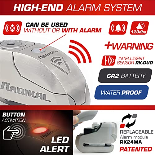 RADIKAL RK14S Premium Motorcycle Alarm Disk Lock 120dB ON/Off, Warning LED Alert, SRA Approved, High Security Anti Theft Brake Disc Lock for Motorbike, 14mm Double Locking Stainless Steel