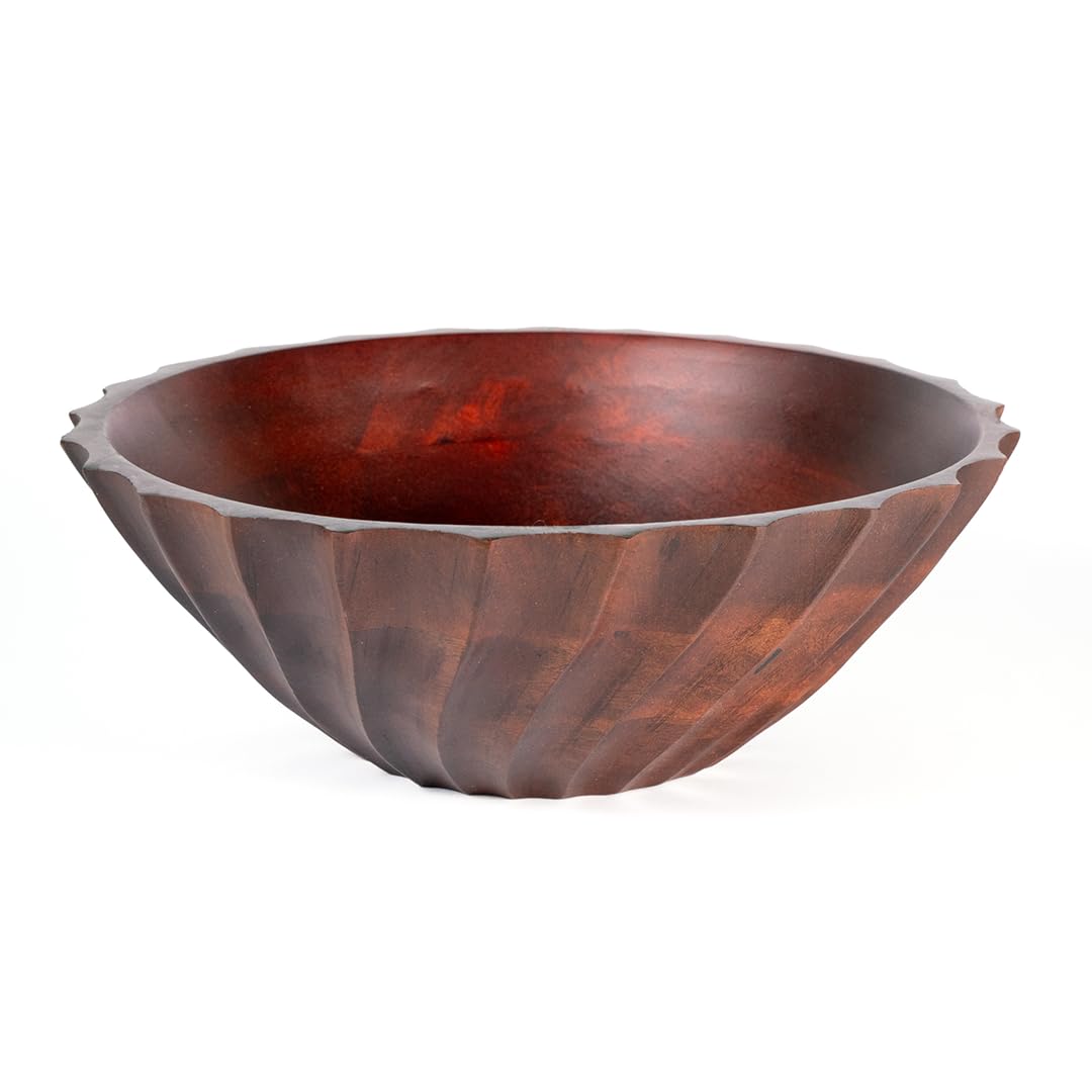 Photo 1 of ** DAMAGE TO THE BOX ** Folkulture Salad Bowl or Wooden Bowl for Kitchen Island | (11") Large Bowl or Fruit Bowl Kitchen Essentials | Ribbed Salad Bowl Food | Mango wood Natural Salad bowl for serving