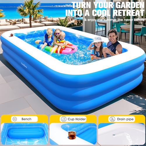 Luxfero Piscine Gonflable avec Siège et Lumières, 280x160x50 cm Grande Piscine Gonflable Adultes, Piscine Rectangulaire épaissie 1400L, Swimming Pool pour Le Jardin Extérieur