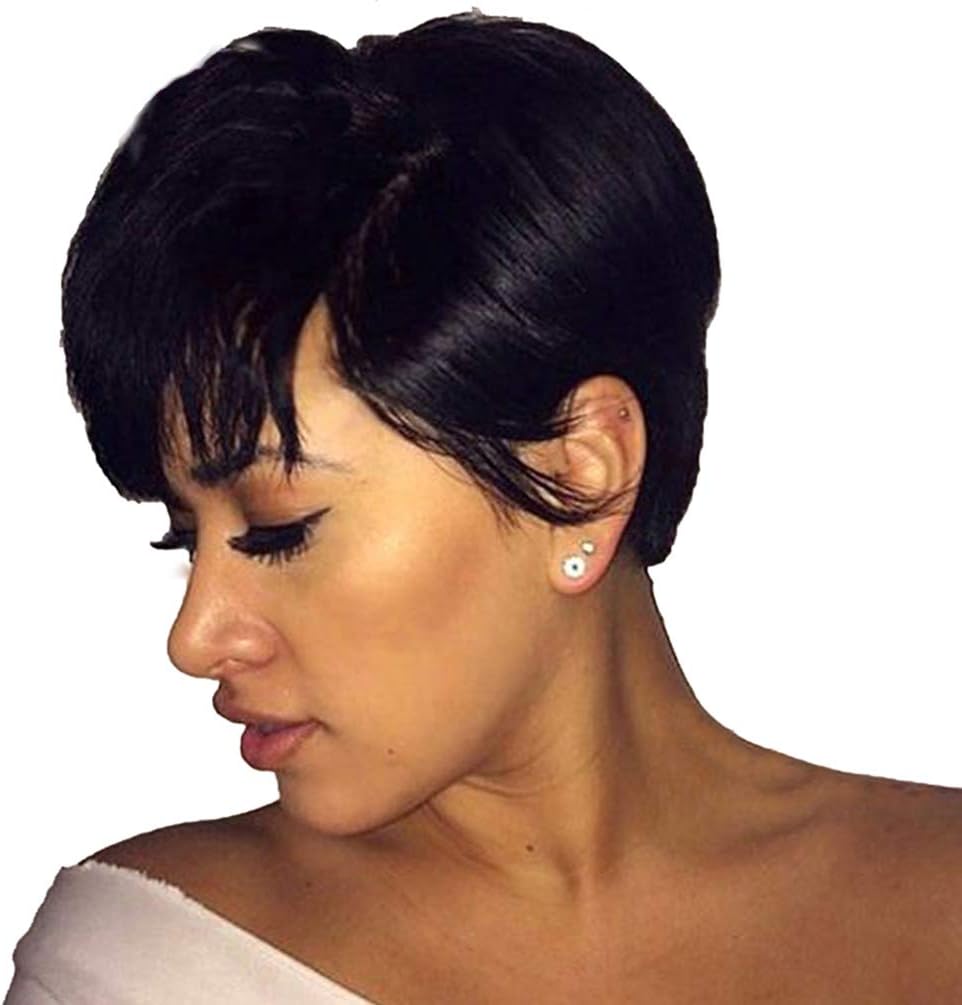 100% Human Hair Short Pixie Cut Wigs Natural Black Glueless Remy Hair Wigs with Bangs for Women Daily Dress