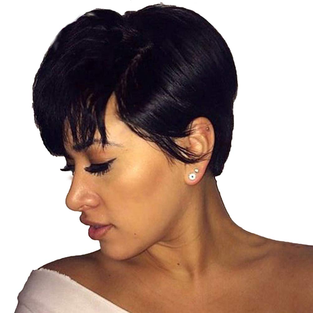 100% Human Hair Short Pixie Cut Wigs Natural Black Glueless Remy Hair Wigs with Bangs for Women Daily Dress
