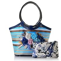 Sharif 1827 Woven 3-D Flower Applique Tote with Leather Trim & Wristlet (Blue Multi)