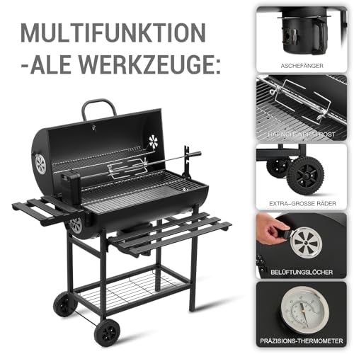 TEENO Charcoal Barbecue with XXL Cooking Grill, Anti-Burning Gloves, Thermometer, Ash Tray, Adjustable Vent, Large Barbecue (Upgraded with Chicken Grill)