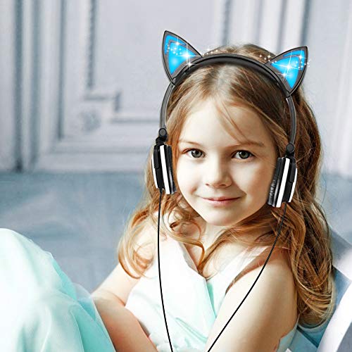 Esonstyle Kids headphones Over Ear with LED Glowing Cat Ears,Safe Wired Kids Headsets 85dB Volume Limited, Food Grade Silicone, 3.5mm Aux Jack, Cat-Inspired Pink Headphones for Girls (black)