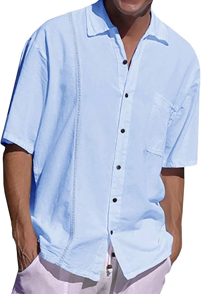 Mens Linen Shirt Short Sleeve Summer Shirt Cotton Button Down Leisure Business Regular Fit Casual Plain Tops for Men