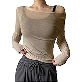 QJQ Women's Sheer Mesh Off The Shoulder Tops Long Sleeve See Through Shirts Going Out Party Club Outfits