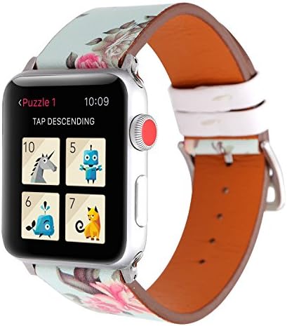 YuKing Flower Design Strap for Apple Watch,Soft PU Leather Floral Printed Style Watch Band 38mm 42mm Strap Wrist Band for iWatch Smart Fitness Watch Series 3 2 1 Version (New Rose Flower 38mm)
