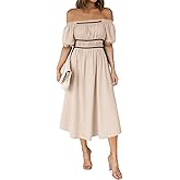 Wenrine Womens Off The Shoulder Midi Dress Summer Square Neck Puff Short Sleeve Casual Flowy A Line Beach Dresses