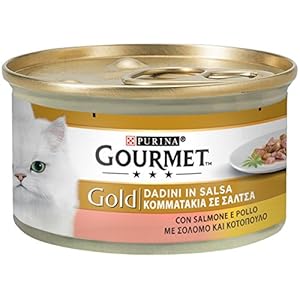 PURINA GOURMET GOLD Umido Gatto Dadini in Salsa con Salmone e Pollo - 24 lattine da 85g ciascuna (confezione da 24x85g)
