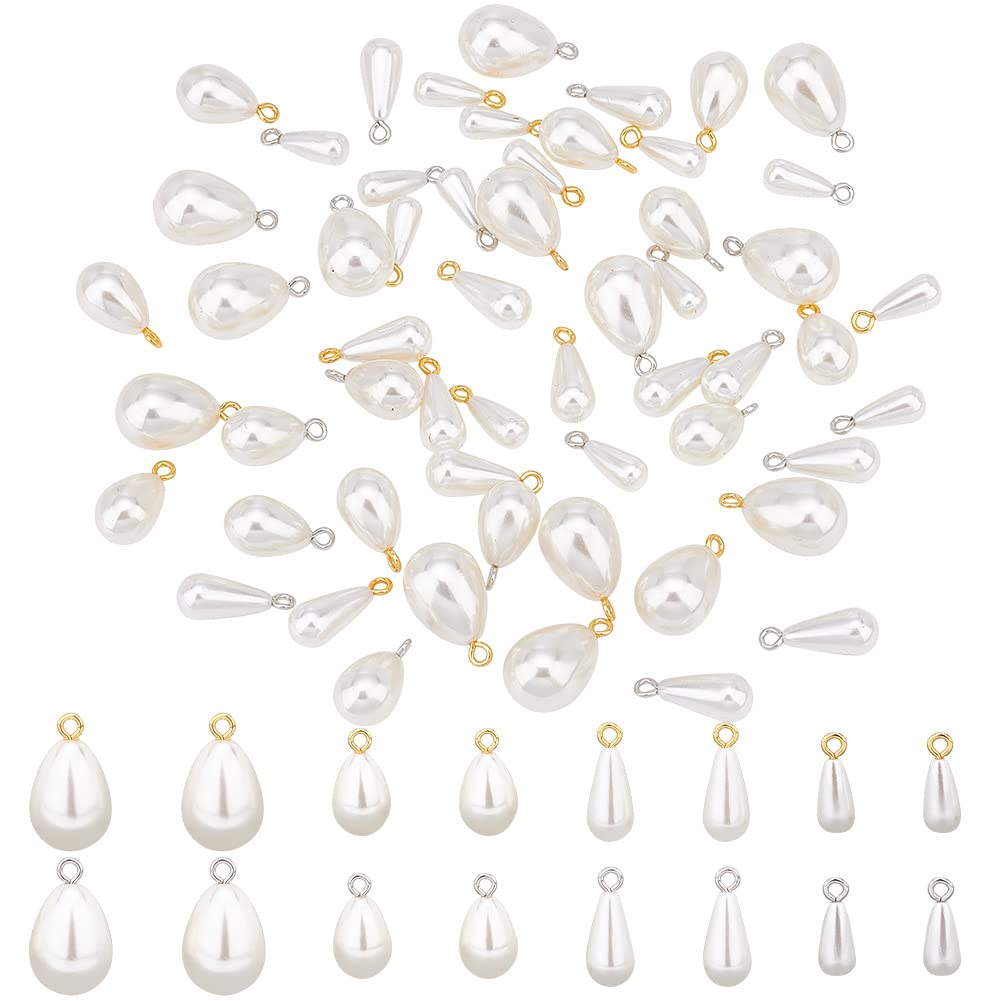 PH PandaHall 64pcs Teardrop Pearl Pendants, 4 Sizes Imitation Pearl Charms with Loops White Drop Craft Pearl Pendants for Dangle Earring Necklace Bracelet Jewellery Making