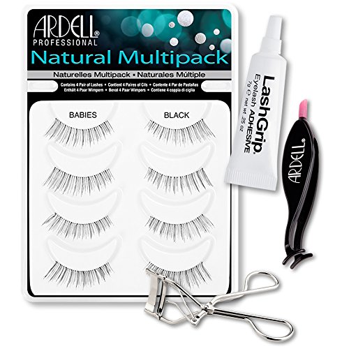 Ardell Fake Eyelashes Babies Value Pack - Natural Multipack Babies (Black), LashGrip Strip Adhesive, Dual Lash Applicator, Cameo Eyelash Curler - Everything You Need For Perfect False Eyelashes