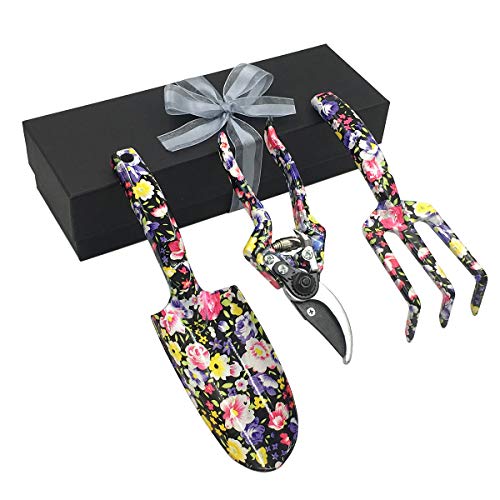 3 Piece Aluminum Garden Tool Set with Floral Print and Hanging Hole Including Trowel,Cultivator,Pruning Shear,Gift Set for Gardeners,Mom,Women(Black)
