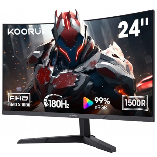 KOORUI 24 Inch Curved Monitor -180Hz 1ms Gaming Monitors FHD VA 1500R PC Monitors with Adaptive Sync, HDMI X2 /DP, VESA Compatible, Tilt Adjustable, Eye Care