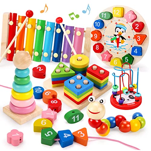AM ANNA Montessori Toys for 1 2 Year Old Boys Girls, 6 In 1 Kids Wooden Toys Toddler Toys Includes Stacking Sorting Xylophone Bead Maze Baby Boy 3-6 Year,Preschool Educational Toy Gifts