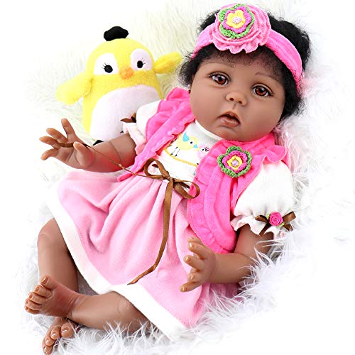 Aori Lifelike Reborn Baby Dolls 22 Inch African American Soft Body Realistic Girl Doll with Bird Gift Set