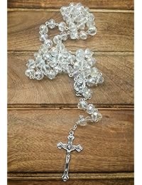 Clear Crystal Beads Rosario Católica Collar Santo Medalla De piso Con Crucifijo