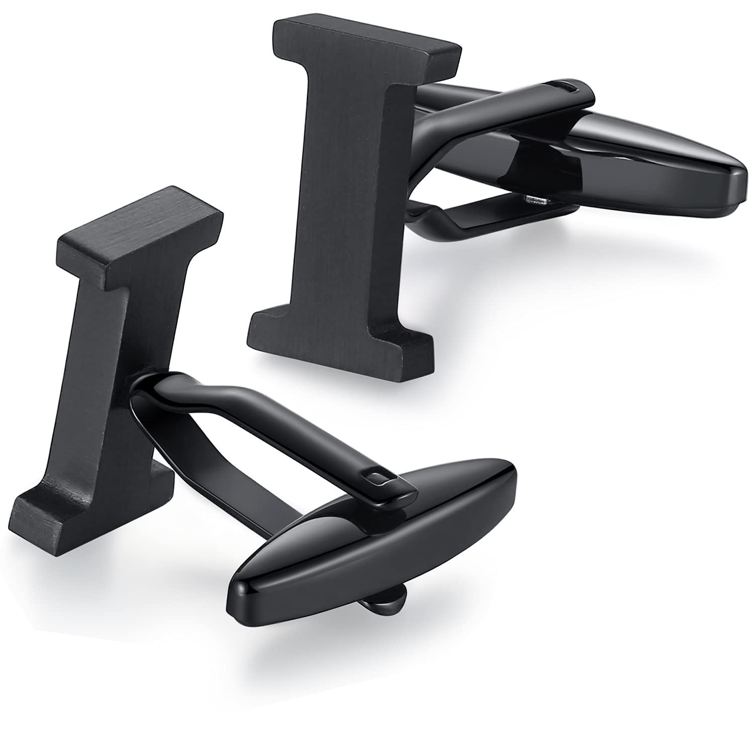 HONEY BEAR Mens Initial Alphabet Letter Cufflinks,Stainless Steel for Wedding Formal Business Gift (I-Black)