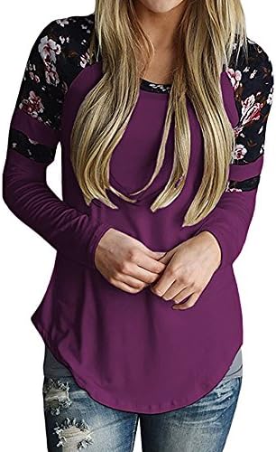 Ankosen Women Casual Floral Printed Long Sleeve Blouse Tops Tunic Sweatshirt Purple L