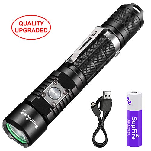 Supfire Rechargeable Flashlight,Defense Tactical Flashlight Ultra Bright Cree 1100 Lumens Led Torch Waterproof Flashlight with 18650 Battery Perfect for Walking Dog,Camping,Emergency