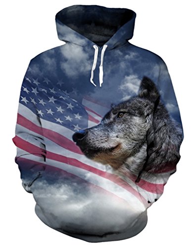 Your Love American Flag Wolf Print 3D Animal Hoodie Big Pockets Sweatshirt Tracksuit
